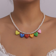 N10036欧美跨境糖果色爱心树脂吊坠项链 创意时尚彩色珍珠颈链女