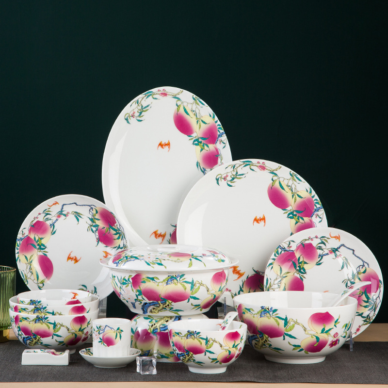 批发陶瓷寿桃寿碗景德镇骨瓷碗盘勺杯子鱼盘可寿星生日寿庆宴回礼