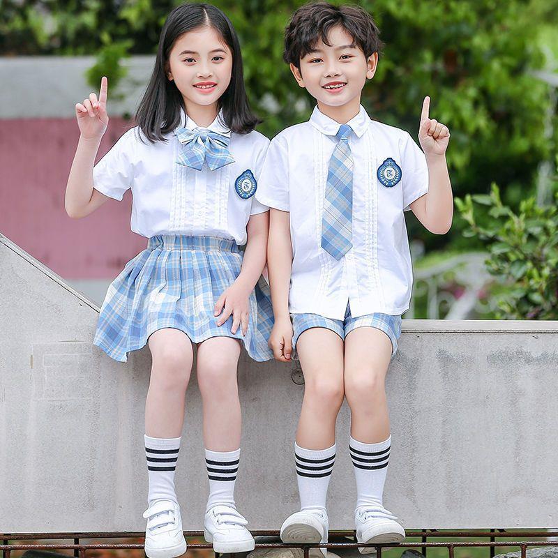 小学生校服夏季短袖套装男女儿童班服格子衬衫款幼儿园毕业照园服
