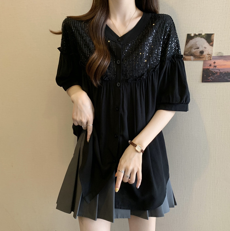实拍大码女装夏装新款宽松显瘦减龄亮片设计感遮肉短袖衬衫上衣