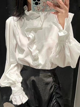 高级感不规则荷叶领白色衬衫女韩版秋冬设计感长袖衬衣喇叭袖上衣