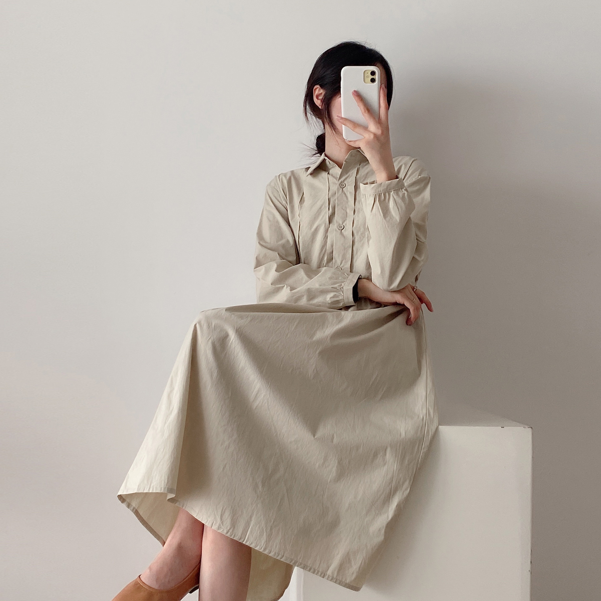 春季新款日系甜美新款简约连衣裙学生女装纯色高腰修身经典款裙子