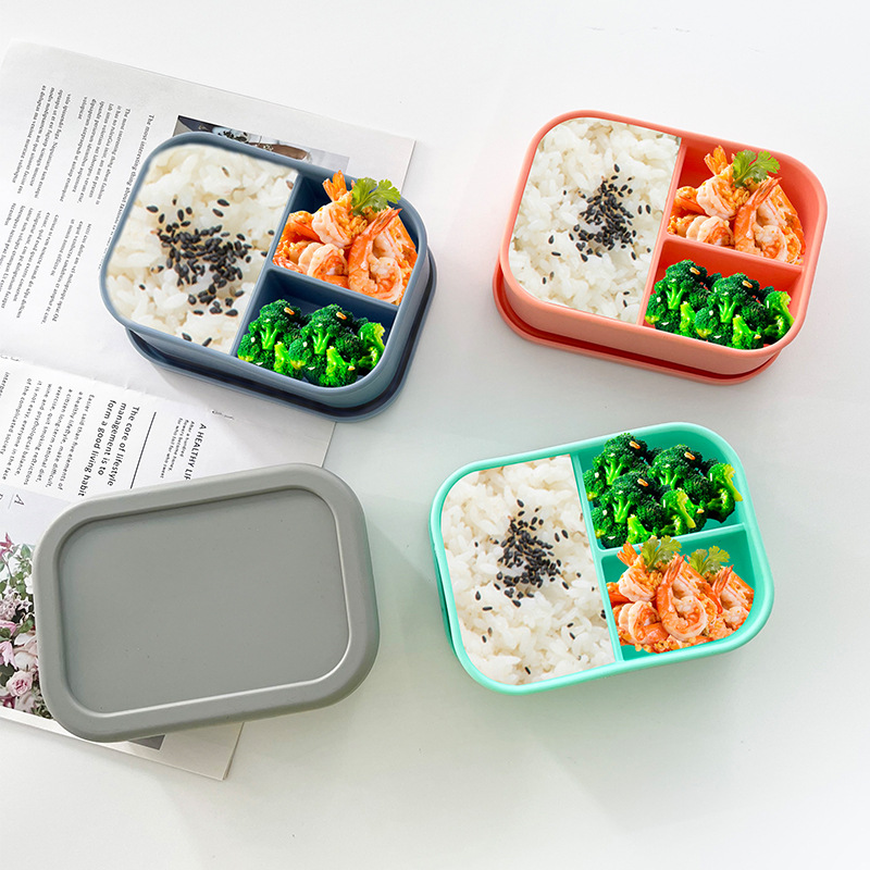 Silicone Lunch Box Food Grade Lunch Box Microwave Oven Heating Portable Silicone Lunch Box Three-Grid Fresh-Keeping Lunch Box