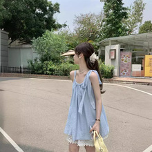 奶蓝显白设计感绑带无袖衬衫女夏季2024新款韩系减龄宽松百搭上衣