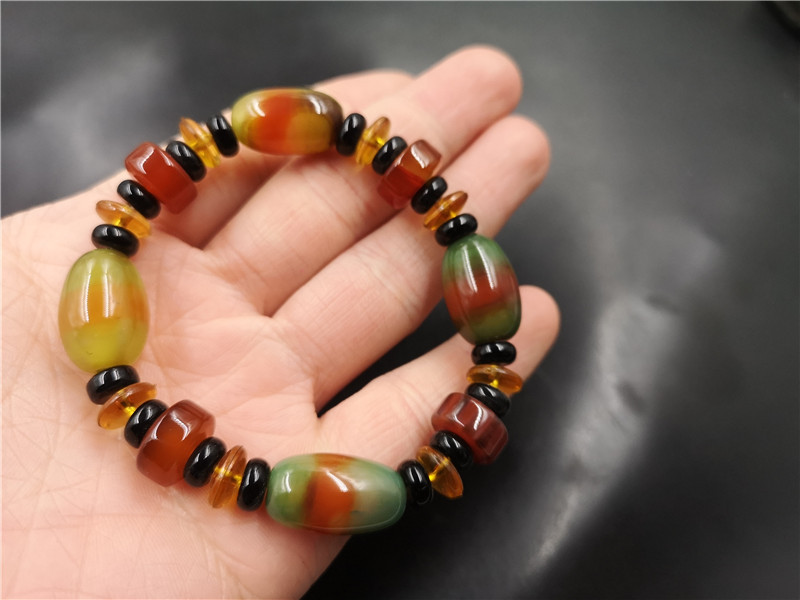 老玉匠 新款孔雀绿玛瑙桶珠手链 男女款三彩色玛瑙算盘珠手串