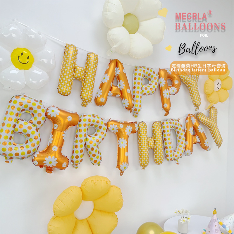 ins cross-border new arrival hb happy birthday english letter daisy flower photography props aluminum foil balloon set