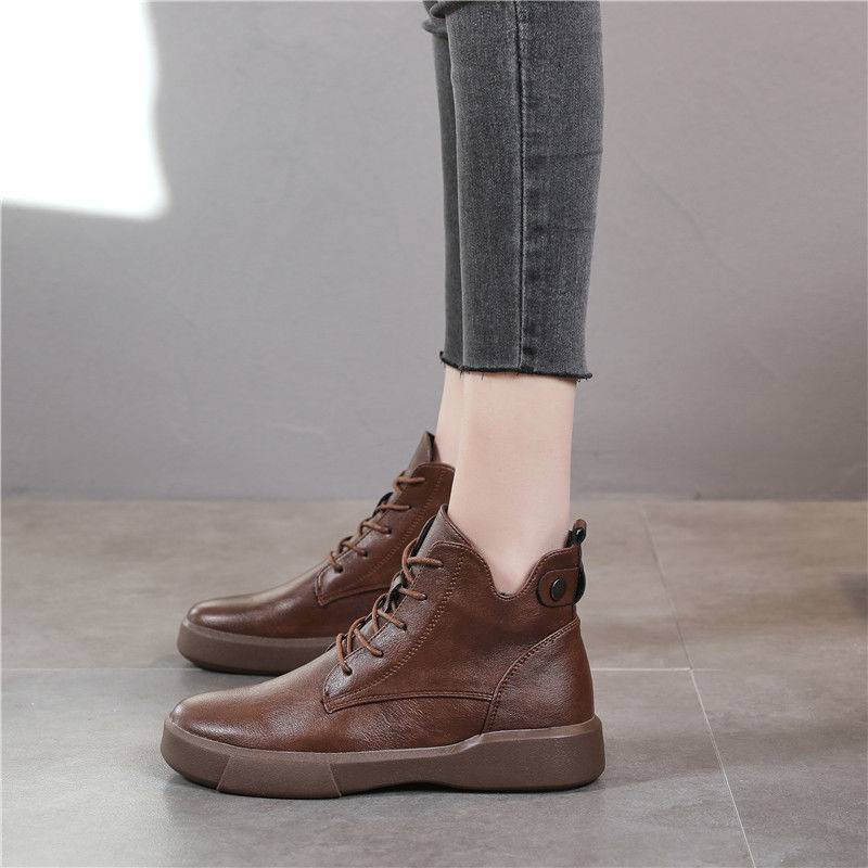 松紧带软皮马丁靴女2022新款秋冬厚底复古文艺短靴女春秋单靴