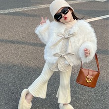 2023冬季韩版女童仿皮草托卡夹棉加厚外套+针织喇叭裤套装分开拍