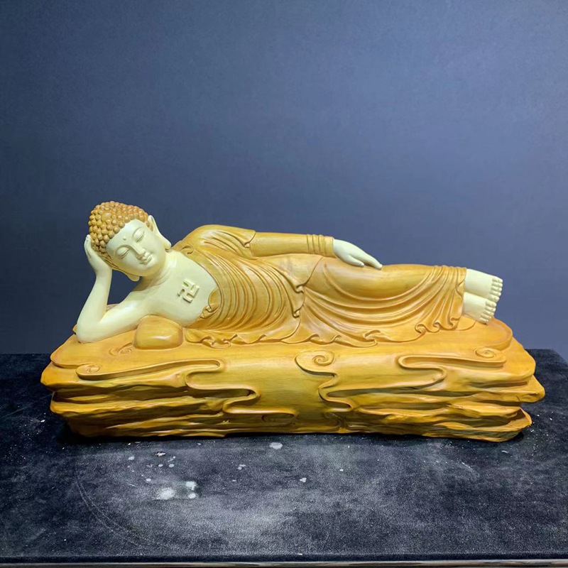 香樟木雕释迦摩尼卧佛根雕工艺品家居办公寺庙佛像摆件如来佛祖像
