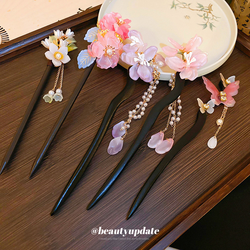 新中式花朵蝴蝶珍珠流苏发簪国潮甜美气质发钗古风汉服簪子发饰女