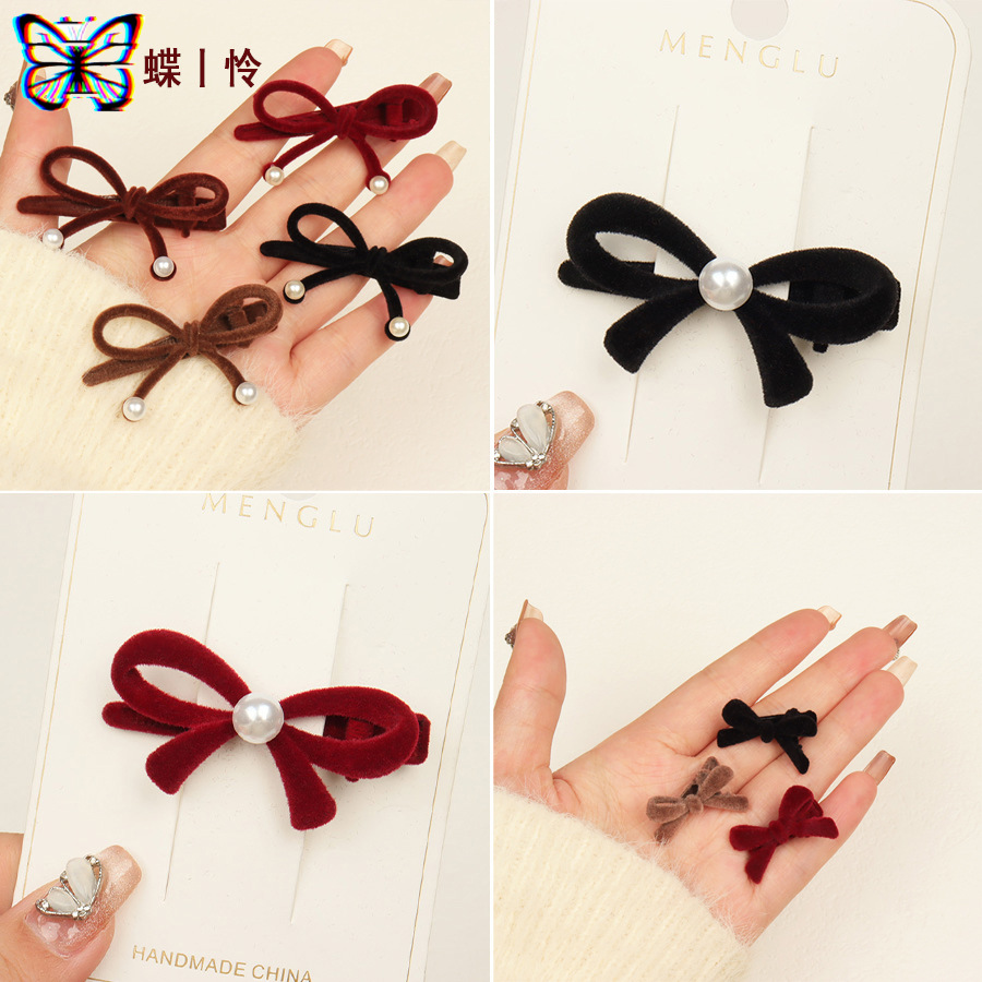 酒红丝绒蝴蝶结发夹女圣诞新年发夹植绒珍珠蝴蝶边夹甜美喜庆夹子
