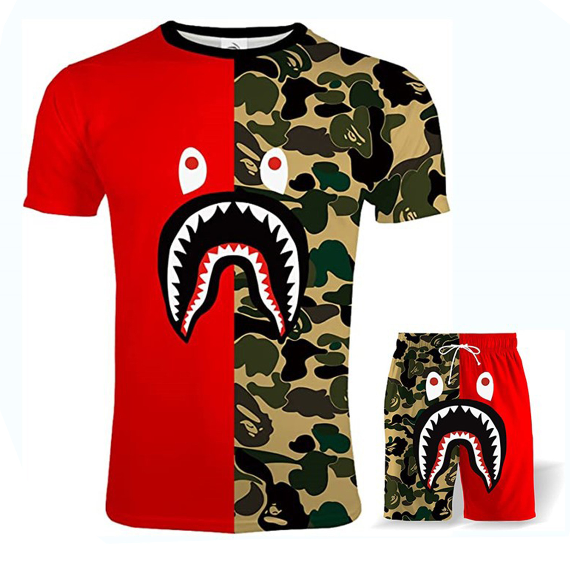 新款bape 鲨鱼头猿人头 男女同款 3d数码印花 休闲运动短袖套装