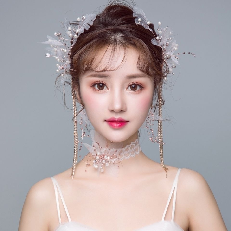 超仙韩式娟纱花朵流苏对夹新娘婚礼婚纱拍照头饰仙美造型结婚饰品