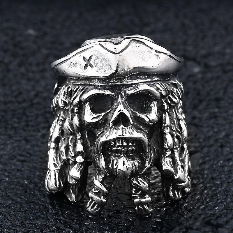 beier北欧加勒比海盗杰克头像不锈钢戒指复古骷髅头钛钢指环