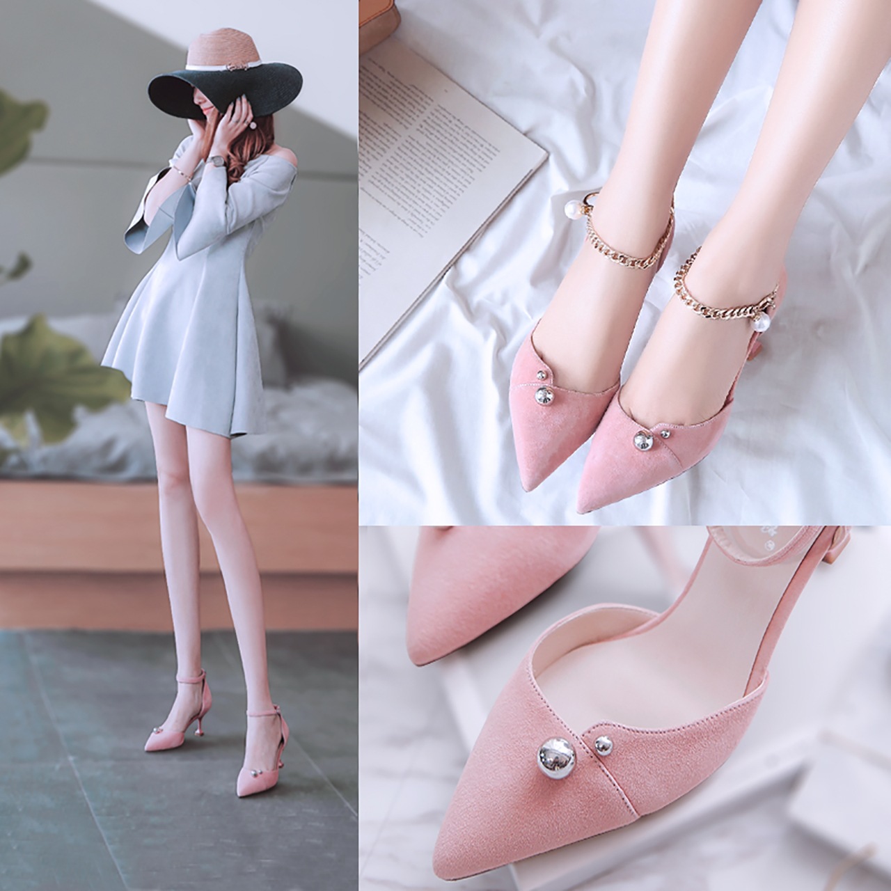 鞋子女夏2021新款猫跟鞋百搭一字扣韩版尖头高跟鞋女春季细跟单鞋