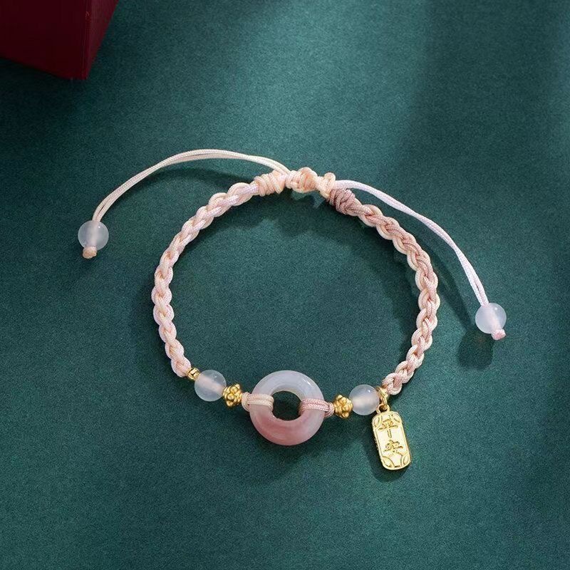 Peach Blossom Pink Safety Buckle Bracelet Girl's Heart, High Appearance, Good Luck, Safe and Happy Hand-Knitted Rope Bracelet for Women