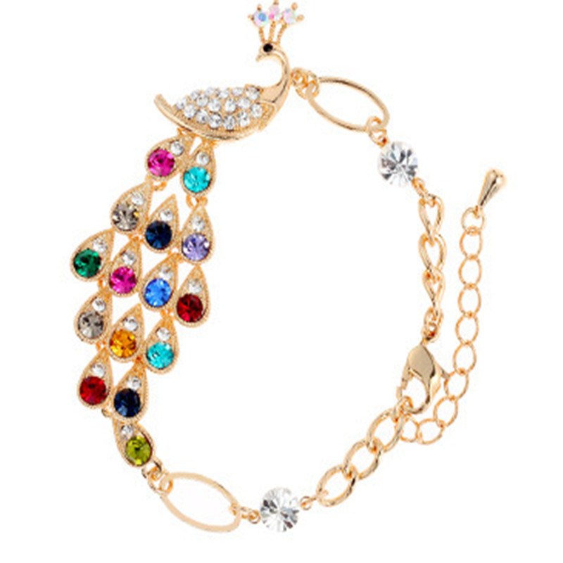 欧美跨境时尚七彩孔雀手链 彩色闪亮水钻凤凰手环 合金小动物饰品