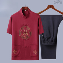 Y鹢1唐装男士夏季棉麻套装新中式爸爸装中老年民族风红色本