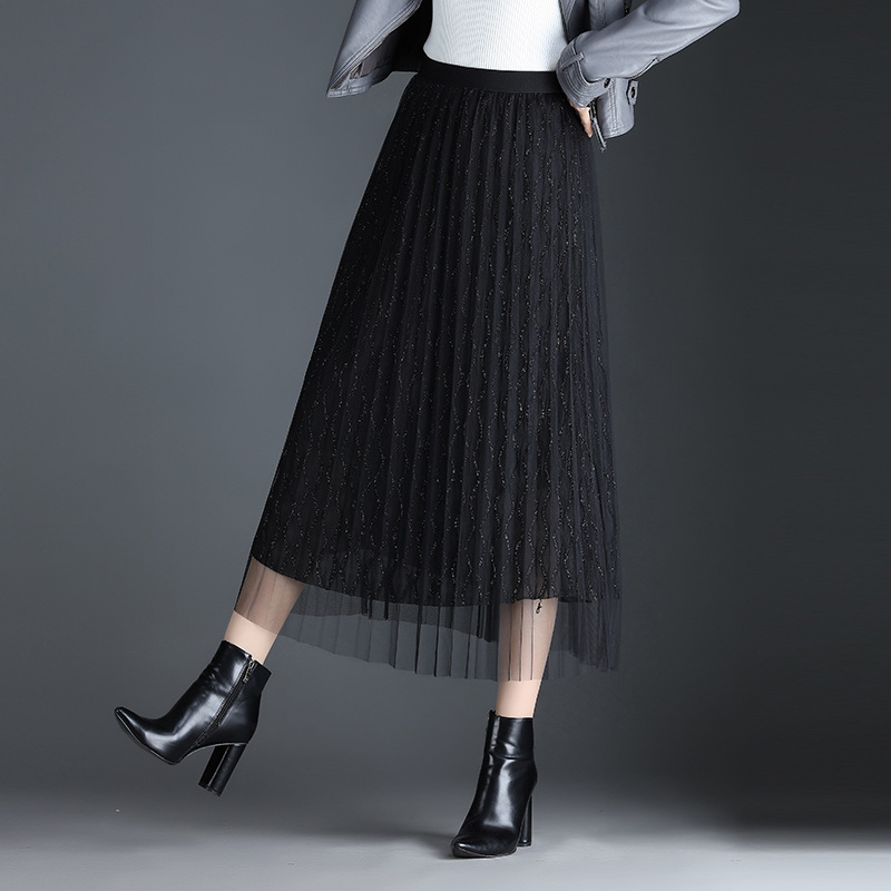 纱裙女春秋网纱半身裙2021新款黑色百褶裙秋冬中长款a字裙