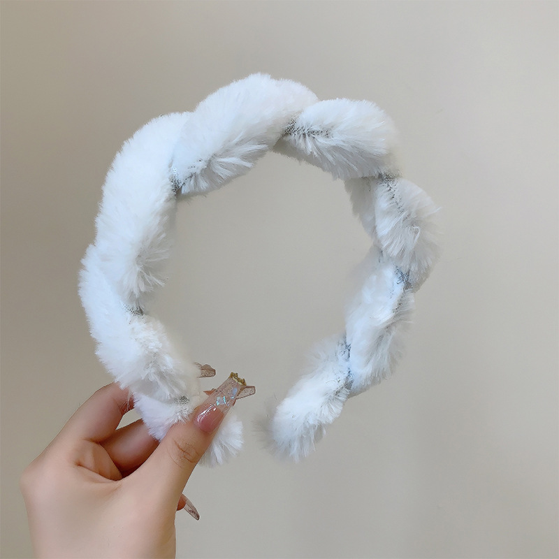 Solid Color Twist Fluffy Hair Band Cute Furry Headband High Skull Top Hairband Face Wash Hair Fixer Wide Side and All-Match Headdress