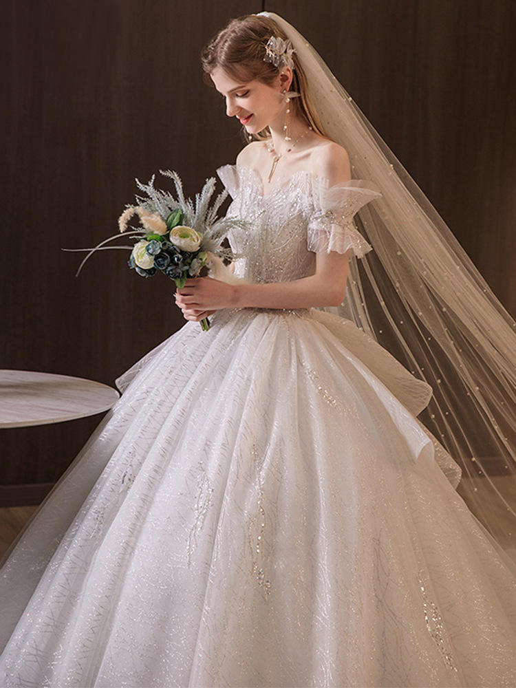 一字肩主婚纱2022夏季新娘新款法式复古宫廷风重工礼服轻纱长拖尾