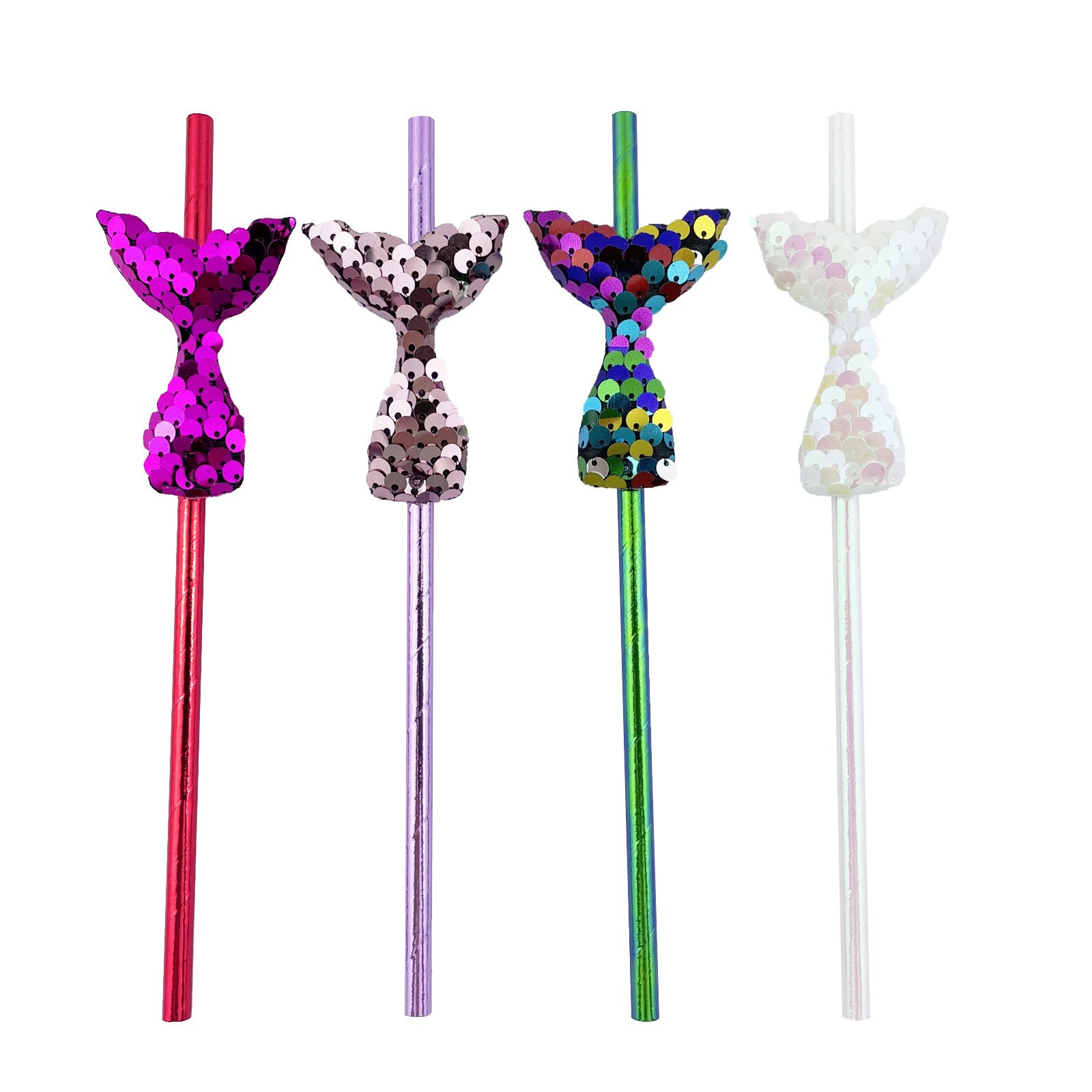 Cross-Border New Disposable Party Sequins Scale Color Three-Dimensional Fishtail Decorative Paper Straw Paperstraw