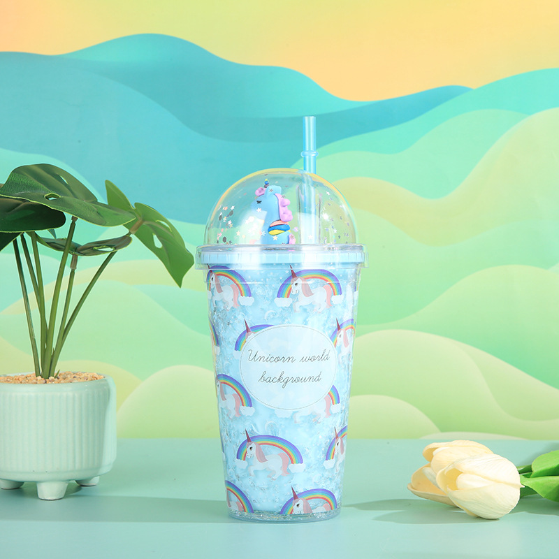 New Creative Unicorn Double Plastic Straw Cup Good-looking Student Summer Ice Cup Children Cartoon Gift Cup