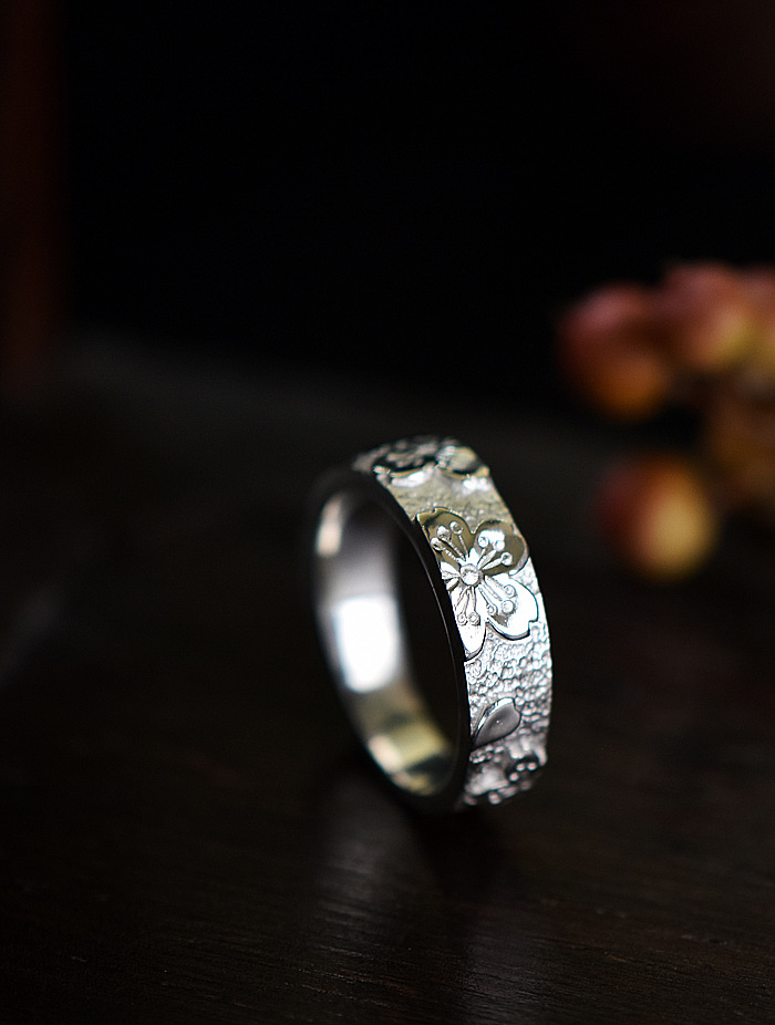 千叶原创手工錾刻樱花s925纯银戒指女复古个性小众情侣饰品