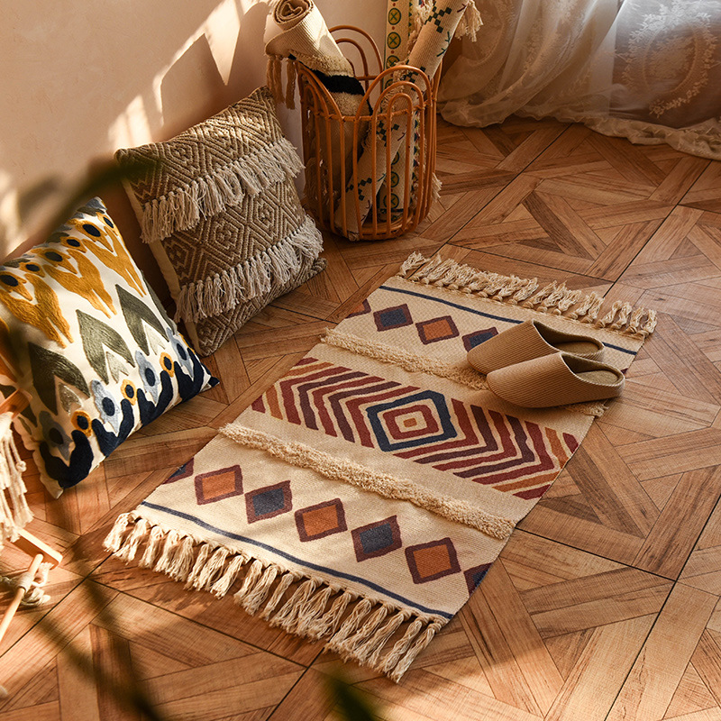 Nordic Style Ins Cotton and Linen Tassel Woven Floor Mat Bedroom Bedside Floor Mat Simple Modern Carpet Machine Washable