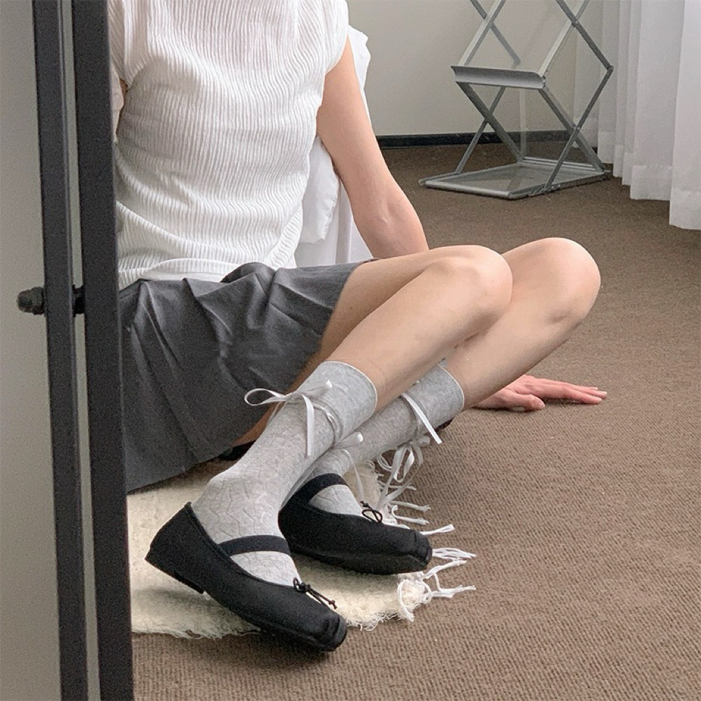 日系丝带蝴蝶结堆堆袜jk芭蕾风女春夏季小腿袜交叉绑带中筒袜棉袜