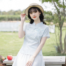 夏季短袖民族风唐装修身立领棉麻绣花中式上衣禅意茶服学生套装