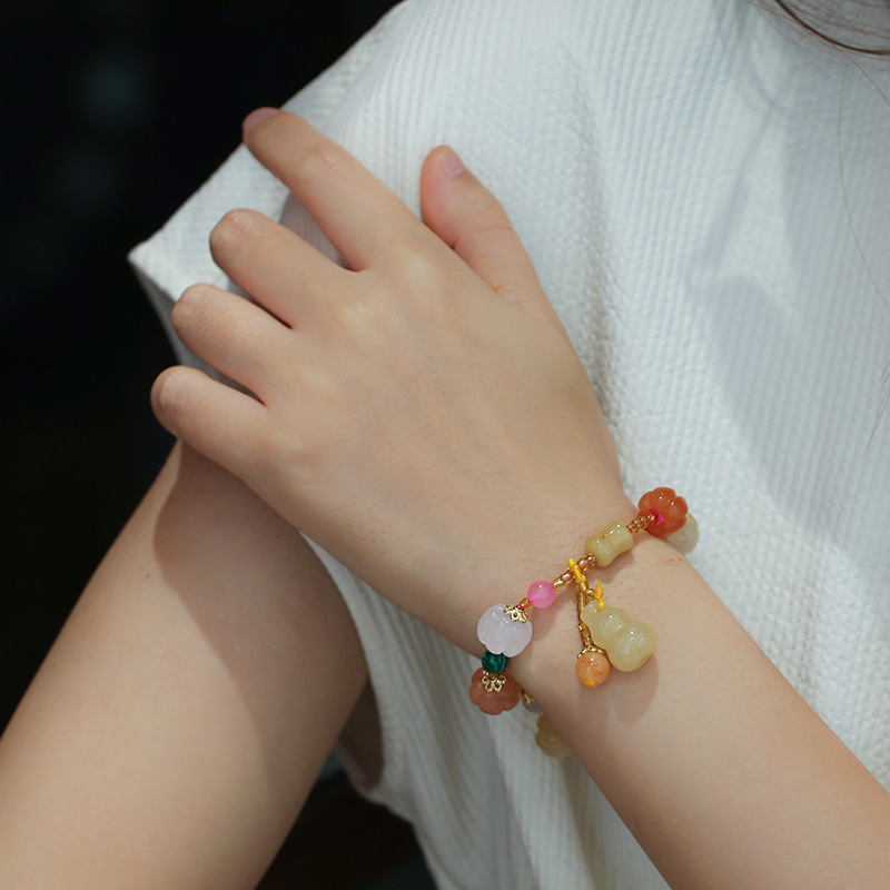 Internet Celebrity Ethnic Style Xinjiang Hetian Natural Jinsi Jade Pumpkin Beads Bracelet Cinnabar Jade Calabash Pendent Bracelet Female Bracelet