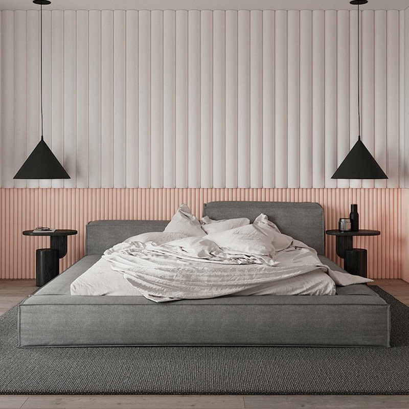 现代风床主卧榻榻米异形高低床头北欧简约内嵌式1.8米极简软包床