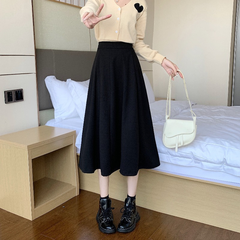 黑色裙子秋冬季2022新款毛呢a字半身裙高腰中长款小个子伞裙女装