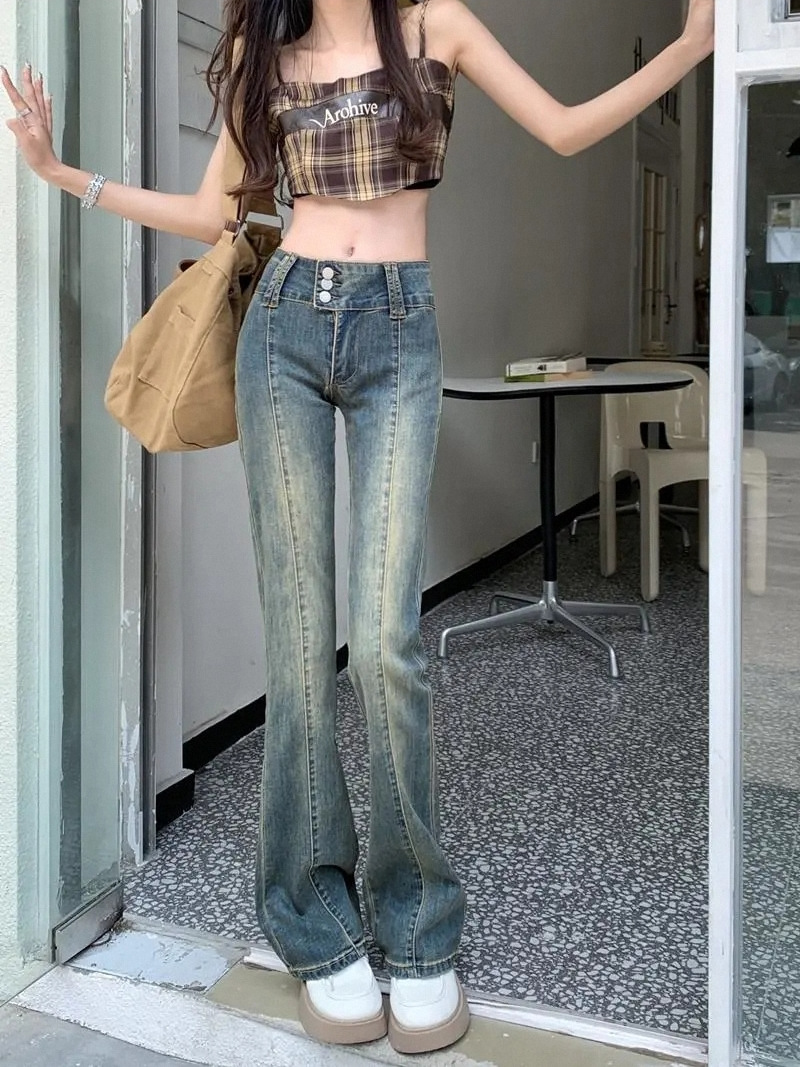 American Hot Girl Retro Stretch Jeans Women's Autumn New Straight Slim Mop Bootcut Pants Pants Fashion