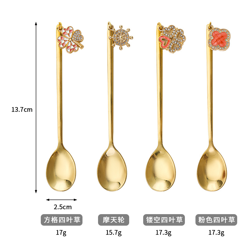 Stainless Steel Spoon Household Hotel Sweet Couple Four-Leaf Clover Pendant Dessert Coffee Spoon Gift Giving Box-Packed Factory Wholesale