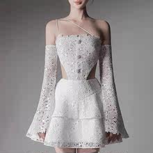 越南小众2024新款白色蕾丝镂空抹胸露腰气质连衣短裙沙滩裙1683