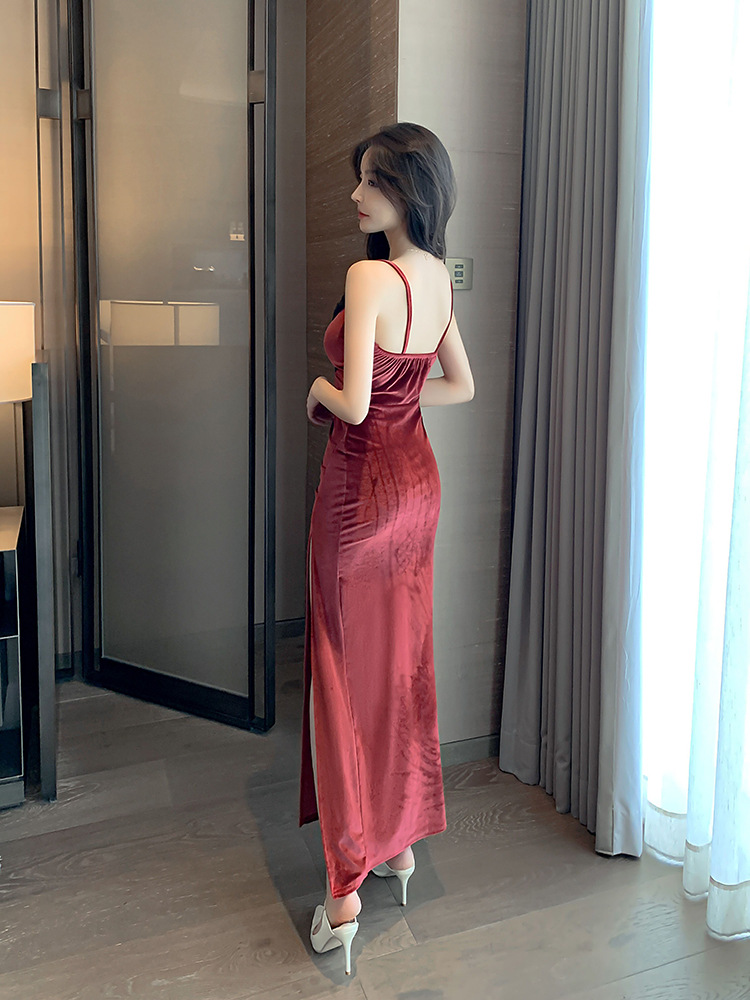 丝绒镂空晚礼服女神范春夏装气质修身蕾丝露腰吊带高开叉连衣长裙