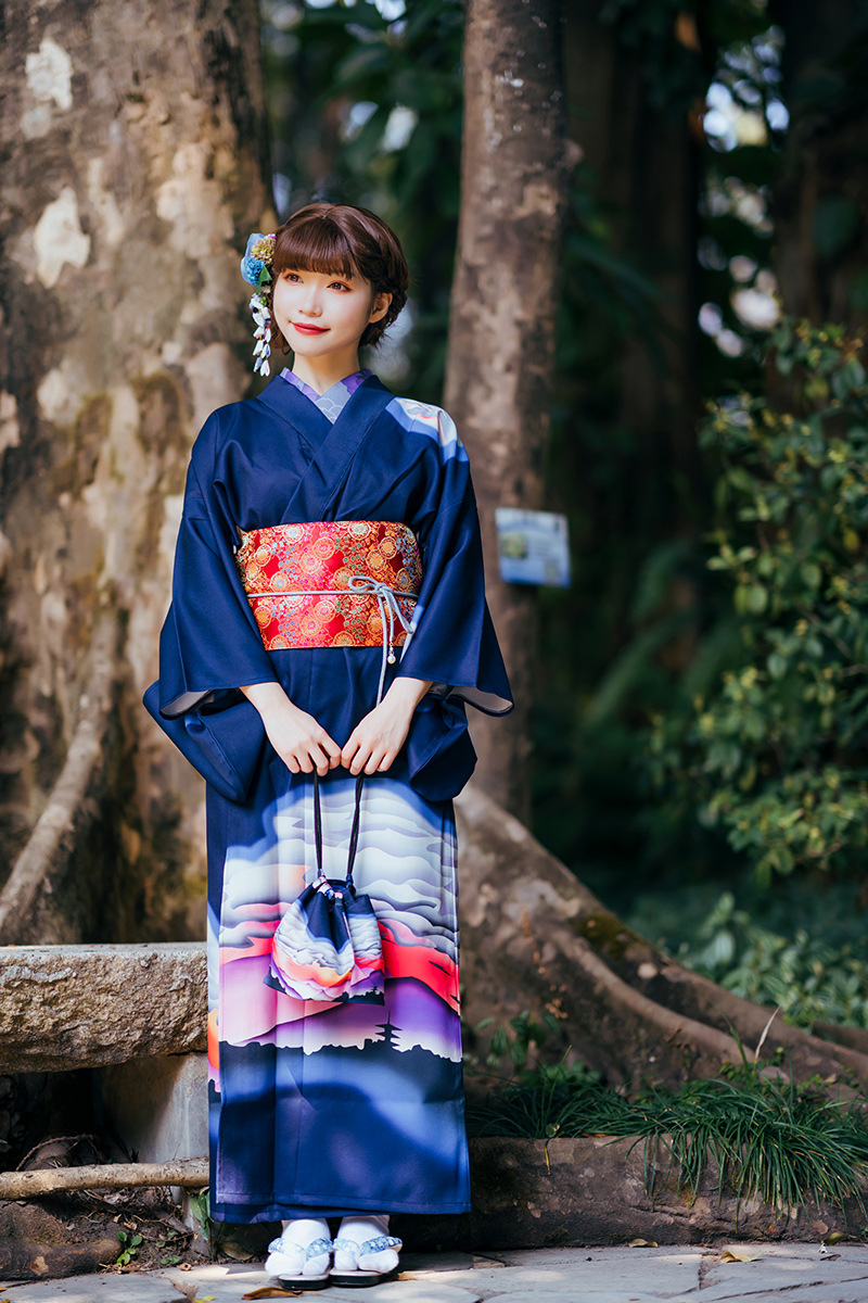 和风樱之美 2021新款少女日本浴衣温柔复古日系改良宝蓝色和服