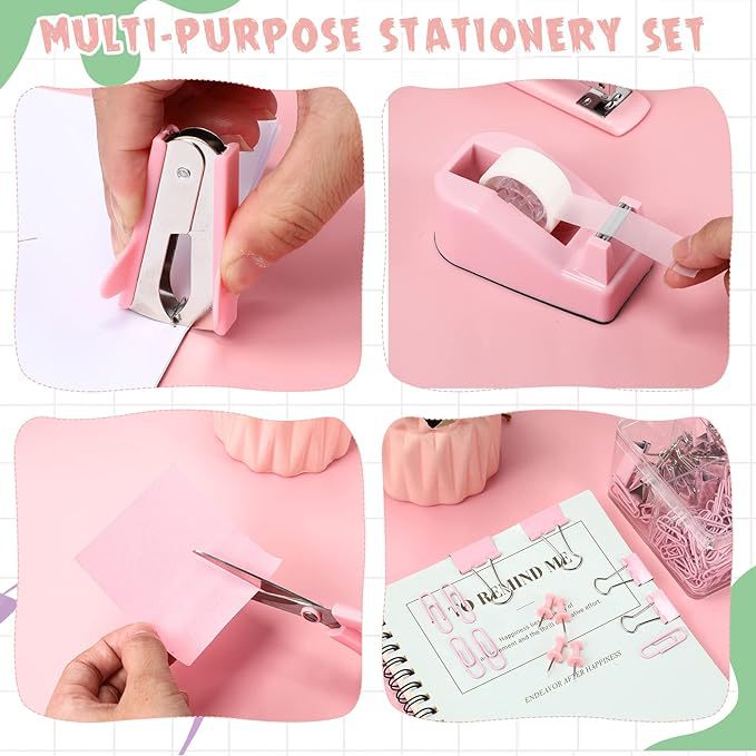 Cross-Border Direct Supply Pink Stationery Set Stapler Tape Seat Nail Puller Paper Clip Long Tail Clip Combination Set