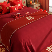 结婚喜庆床旗红色装饰布置床尾搭巾新婚婚房床上用品民宿酒店床盖