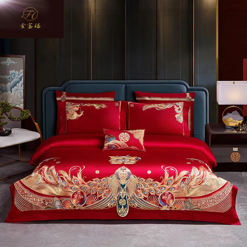 高档中式床单婚庆四件套婚嫁新婚床品刺绣大红喜庆结婚床盖十件套