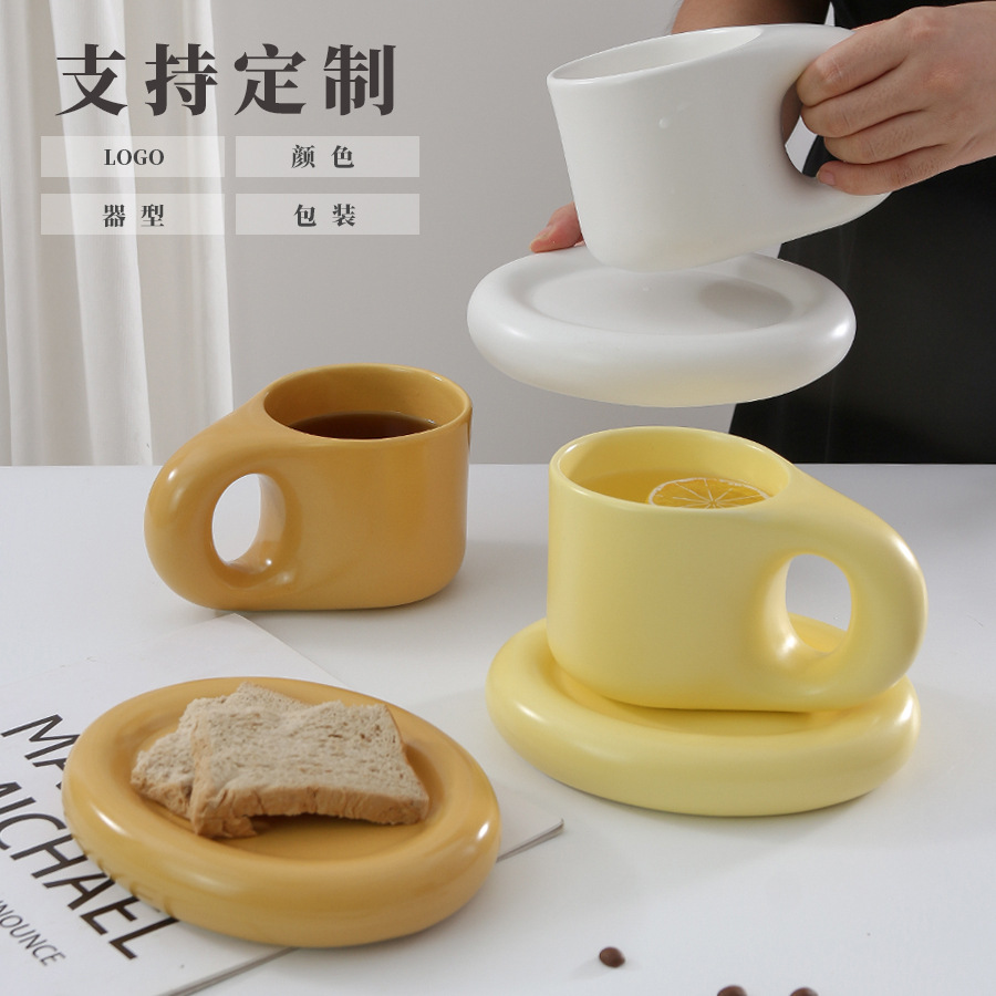 创意胖胖杯碟套装高颜值家用咖啡杯甜品碟个性办公陶瓷马克杯水杯