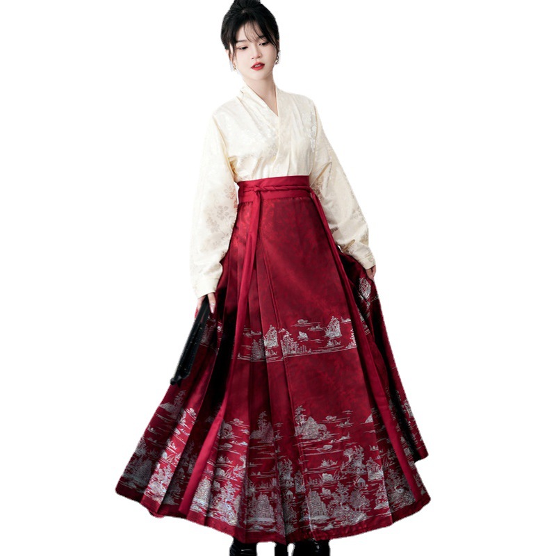 Adult Hanfu Woven Gold Woven Silver Precision Satin Black Imitation Snail Horse-Face Skirt Daily Commuting Hanfu Ming Spring and Autumn