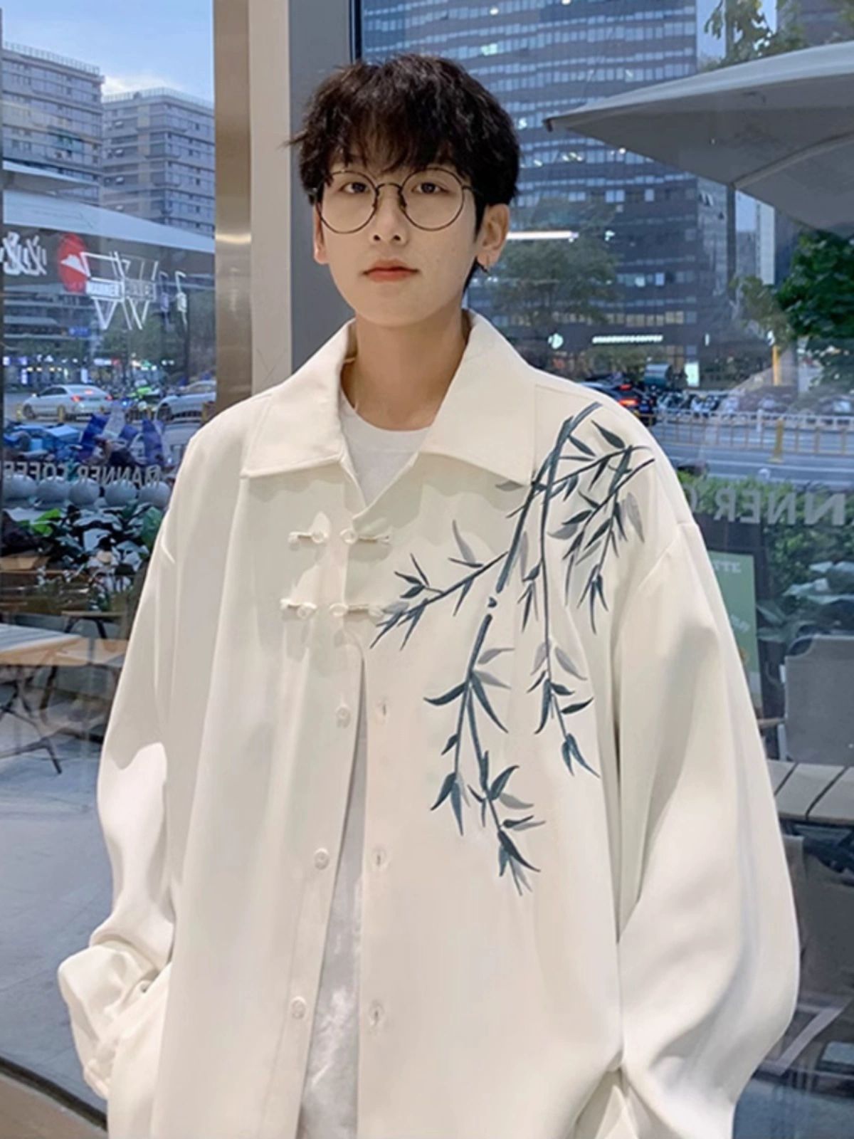 新中式中国风竹子刺绣长袖衬衫男装春季汉服盘扣唐装道袍衬衣外套