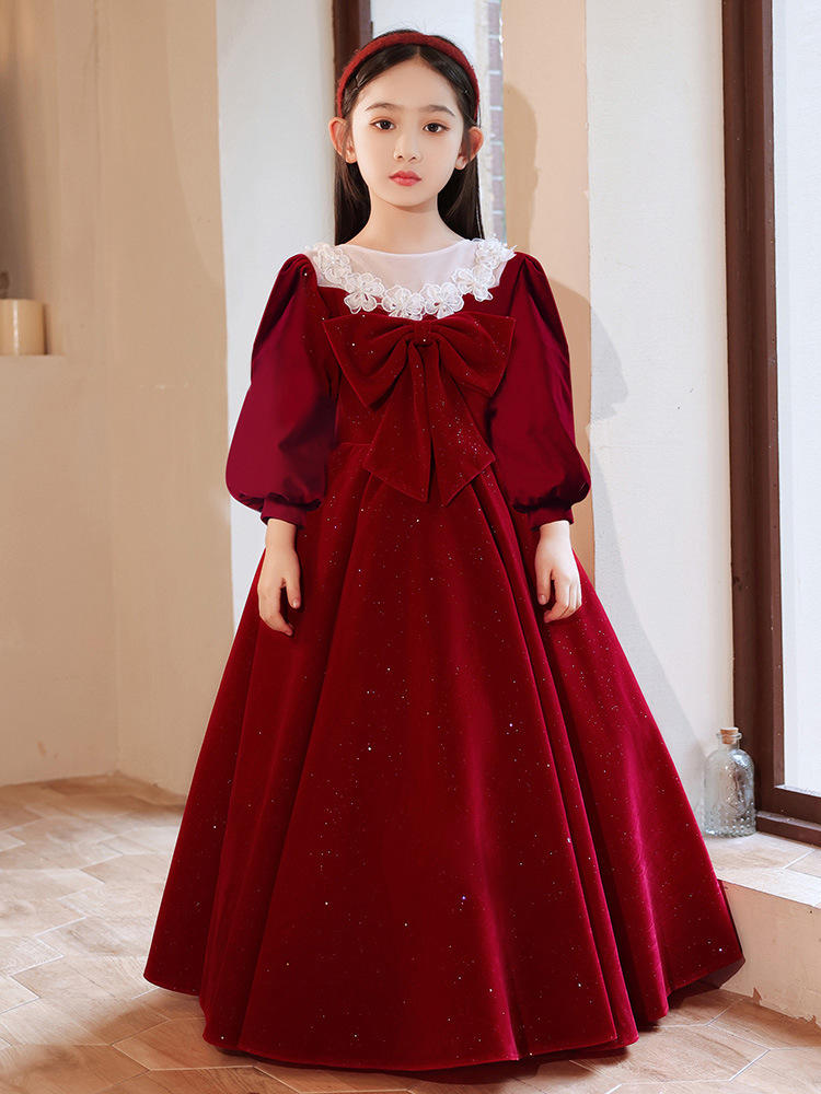 女童礼服红色花童公主裙洋气小女孩儿童主持人钢琴演出服春季礼服