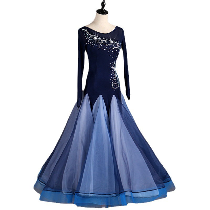 优雅摩登舞裙新款华尔兹交谊舞团体演出服国标舞大摆连衣裙长袖