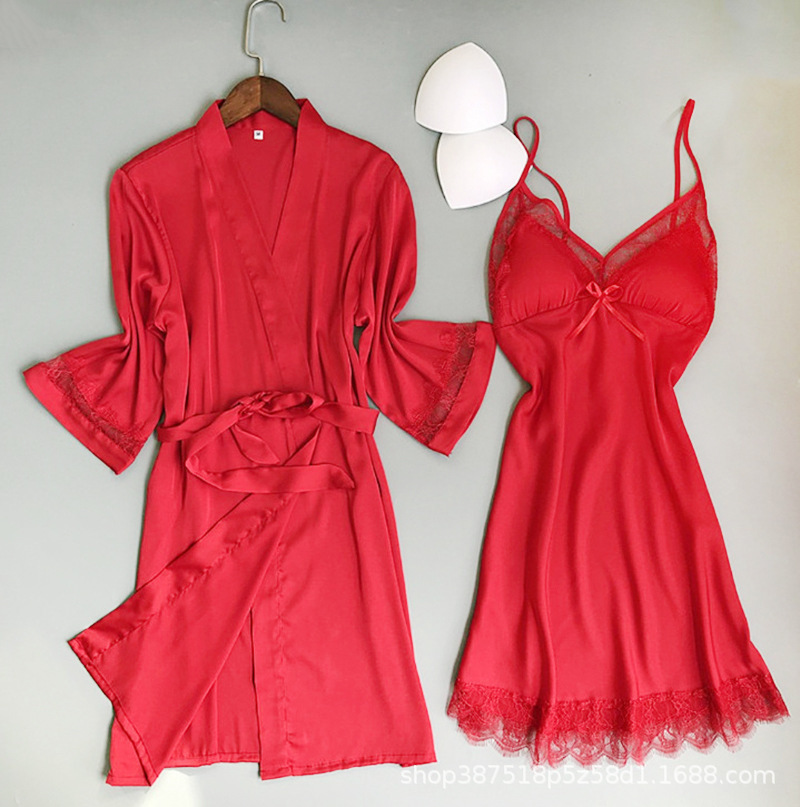 Padded Strap Nightdress Sexy Nightgown Two-Piece Set Lady Sexy Pajamas Artificial Silk Home Wear Wholesale Delivery