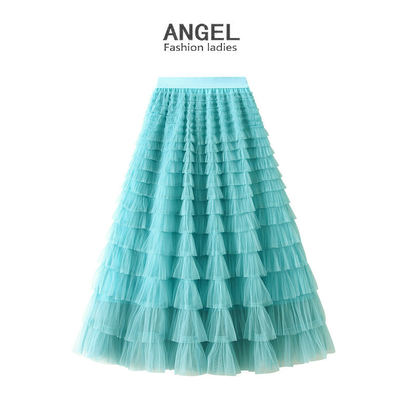 Mesh Tiered Skirt Women's Spring and Autumn 2023 New Dress Fairy White Yarn Skirt Pleated Dress 2210