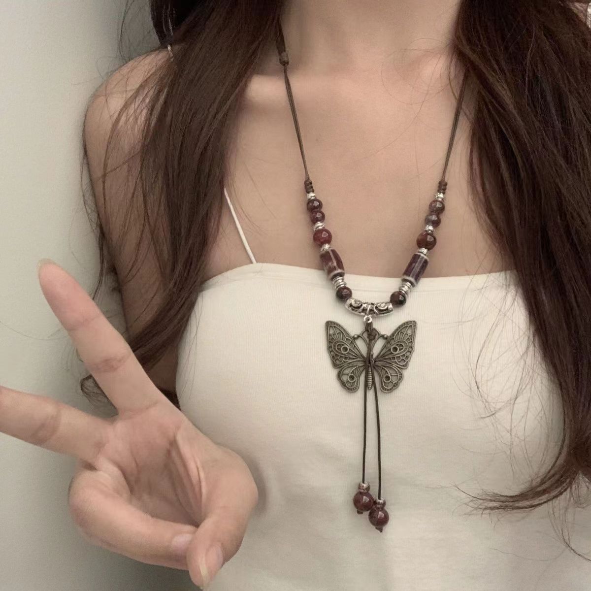 Retro Ethnic Style Ceramic Butterfly Bell Pendant Necklace for Women 2023 New Trendy Long Sweater Chain Ornament